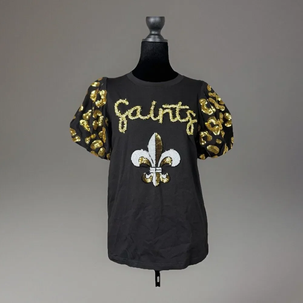 Sash Clothing Bar Saints Sequin Fleur De Lis Top XS Black Gold Puff Sleeve